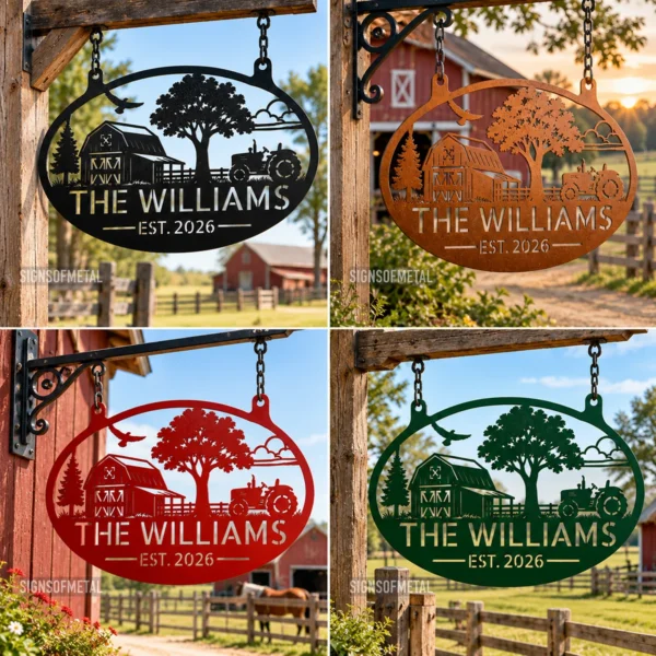 Personalized Farmhouse Metal Sign Custom Tractor Barn Wall Decor Personalized farmhouse metal sign featuring a tractor design and custom name options, ideal for barn walls, farm garages, workshops, and rustic country decor.