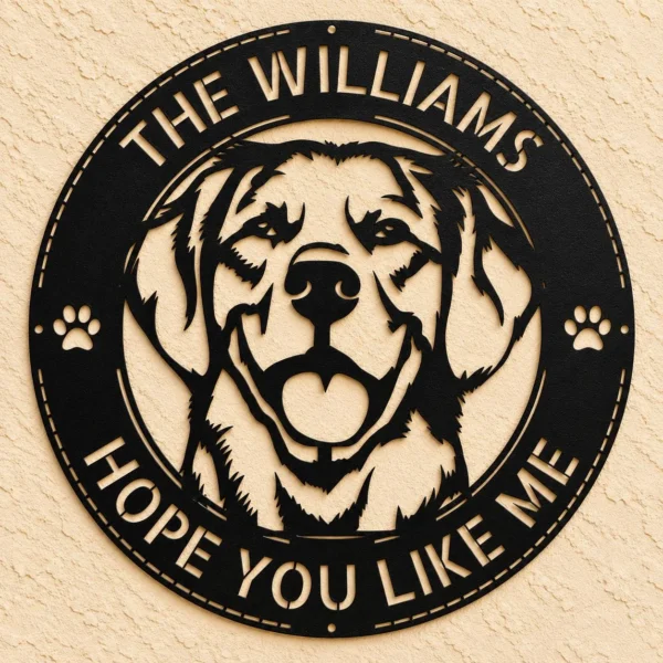Personalized Golden Retriever Dog Sign in 16 gauge steel for pet wall decor, custom family name plaque for home and dog lover gift art.