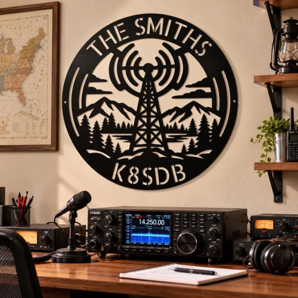 Personalized Ham Radio Metal Art Sign in 16 gauge steel with custom call sign for amateur radio shack wall decor and operator gift plaque.
