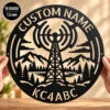 Personalized Ham Radio Metal Art Sign in 16 gauge steel with custom call sign for amateur radio shack wall decor and operator gift plaque.