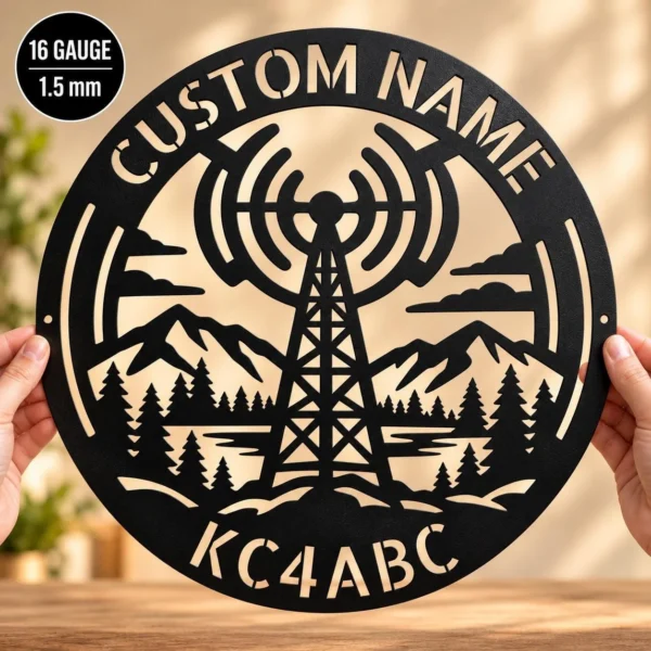 Personalized Ham Radio Metal Art Sign in 16 gauge steel with custom call sign for amateur radio shack wall decor and operator gift plaque.