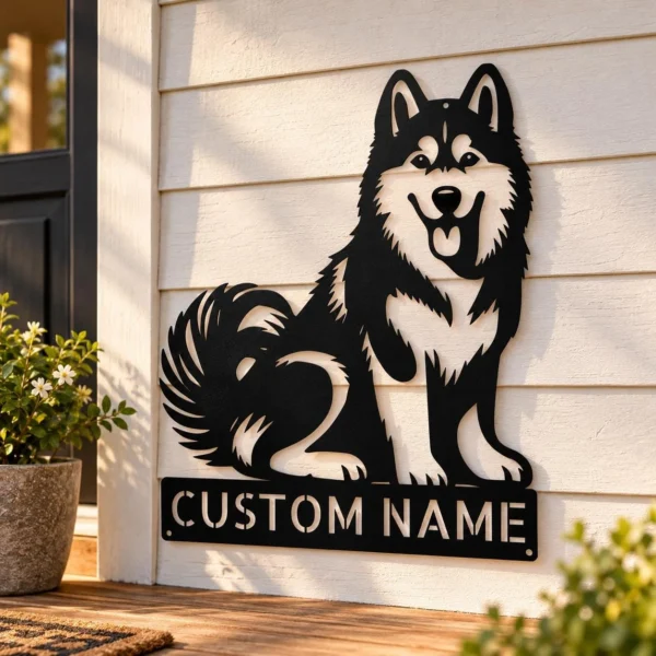 Personalized Husky Dog Metal Sign in 16 gauge steel for pet wall decor, custom dog name plaque and home gift for husky lovers.