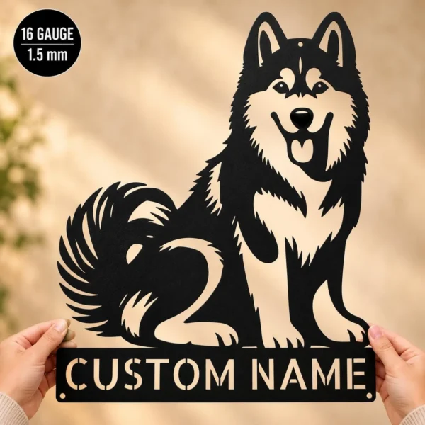 Personalized Husky Dog Metal Sign in 16 gauge steel for pet wall decor, custom dog name plaque and home gift for husky lovers.