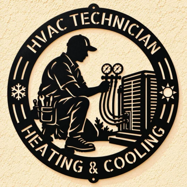 Personalized HVAC technician metal sign in 16 gauge steel for heating and cooling service wall decor, custom repair shop plaque and trade gift.
