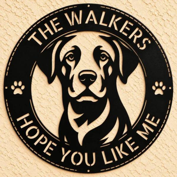 Personalized Labrador Retriever Dog Sign Custom Family Name Metal Decor Personalized Labrador Retriever Dog Sign in 16 gauge steel for pet wall decor, custom family name plaque for home and dog lover gift art.