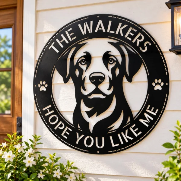 Personalized Labrador Retriever Dog Sign Custom Family Name Metal Decor Personalized Labrador Retriever Dog Sign in 16 gauge steel for pet wall decor, custom family name plaque for home and dog lover gift art.