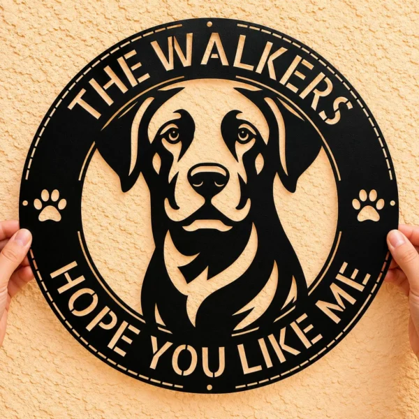 Personalized Labrador Retriever Dog Sign Custom Family Name Metal Decor Personalized Labrador Retriever Dog Sign in 16 gauge steel for pet wall decor, custom family name plaque for home and dog lover gift art.