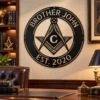 Personalized Masonic Symbol Metal Sign Freemason Wall Art Personalized Masonic symbol metal sign in 16 gauge steel for Freemason wall decor, custom lodge plaque and symbolic gift for members.