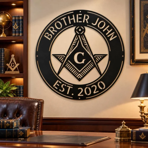 Personalized Masonic Symbol Metal Sign Freemason Wall Art Personalized Masonic symbol metal sign in 16 gauge steel for Freemason wall decor, custom lodge plaque and symbolic gift for members.