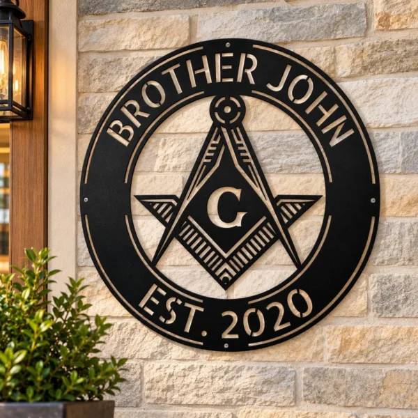 Personalized Masonic Symbol Metal Sign Freemason Wall Art Personalized Masonic symbol metal sign in 16 gauge steel for Freemason wall decor, custom lodge plaque and symbolic gift for members.