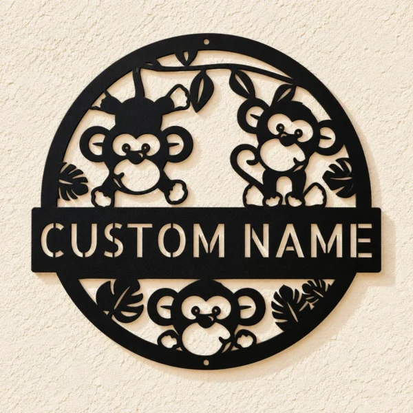 Personalized Monkeys Metal Sign Jungle Wall Art Decor Personalized Monkeys Metal Sign in 16 gauge steel for jungle wall decor, custom animal plaque for kids room, nursery, and animal lover gift art.