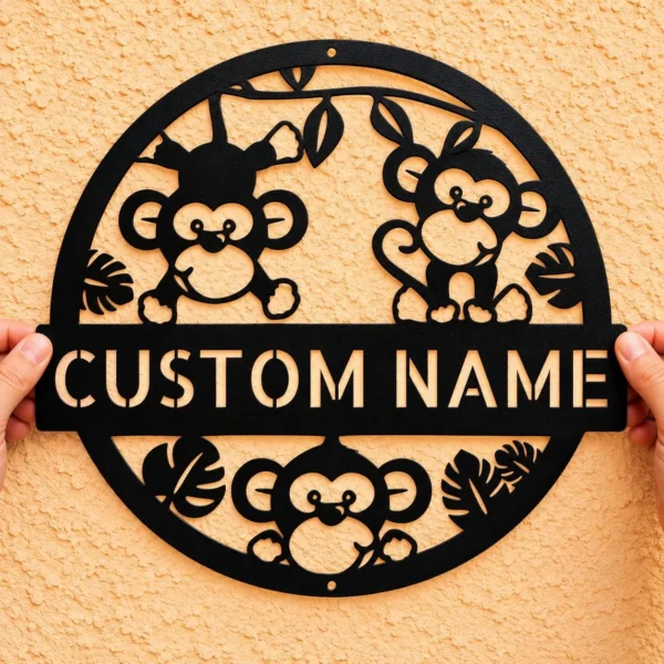 Personalized Monkeys Metal Sign Jungle Wall Art Decor Personalized Monkeys Metal Sign in 16 gauge steel for jungle wall decor, custom animal plaque for kids room, nursery, and animal lover gift art.