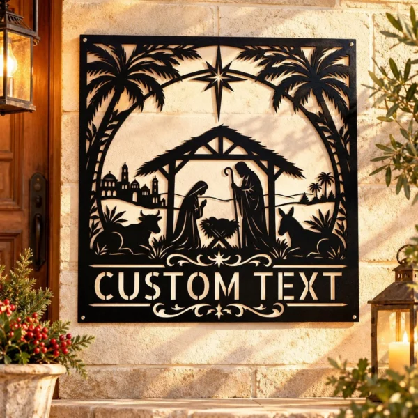 Personalized Nativity Scene Metal Sign in 16 gauge steel for Christmas wall decor, religious home display and custom holiday gift.