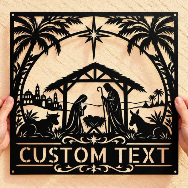 Personalized Nativity Scene Metal Sign in 16 gauge steel for Christmas wall decor, religious home display and custom holiday gift.