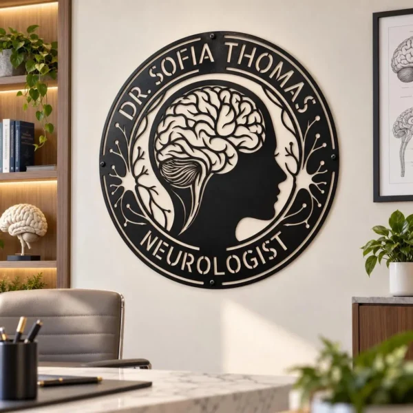 Personalized neurologist metal sign made from 16 gauge steel, custom medical office wall decor for doctors and clinics.