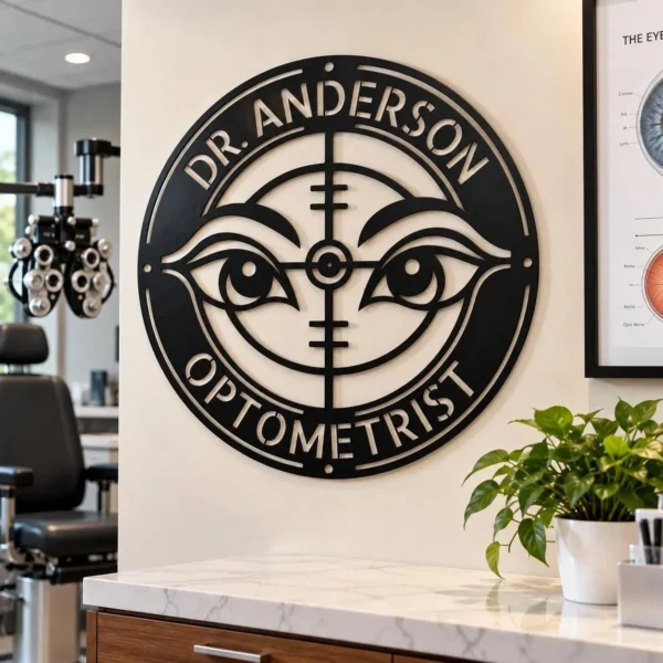 Personalized optometrist metal sign crafted from 16 gauge steel, custom wall decor for eye doctor offices, clinics, and vision care professionals.