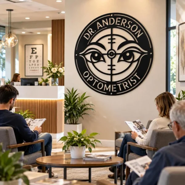 Personalized optometrist metal sign crafted from 16 gauge steel, custom wall decor for eye doctor offices, clinics, and vision care professionals.