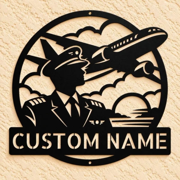 Custom pilot metal sign in 16 gauge steel with personalized name for aviation hangar wall decor, flight school, garage, office and pilot gift.
