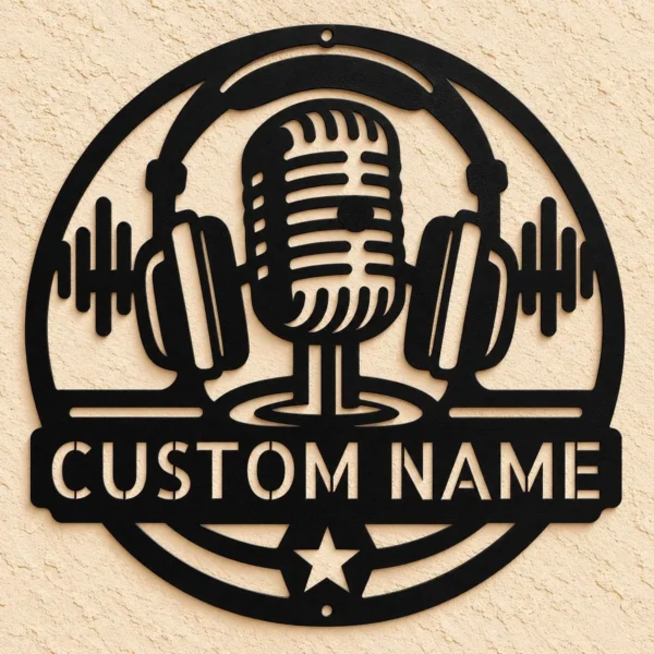 Personalized podcaster metal sign in 16 gauge steel with custom recording studio name and microphone design for podcast room, studio, office and gift.