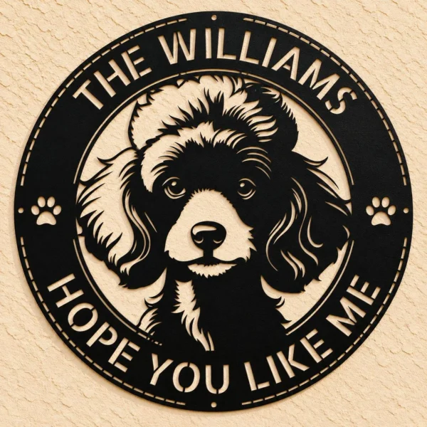 Personalized Poodle metal dog sign in 16 gauge steel for pet wall decor, custom family name plaque for home and elegant dog lover gift art.