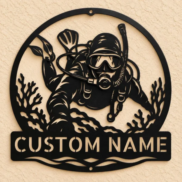 Personalized scuba diver metal sign in 16 gauge steel for underwater wall decor, custom ocean plaque for divers, beach home and gift art.