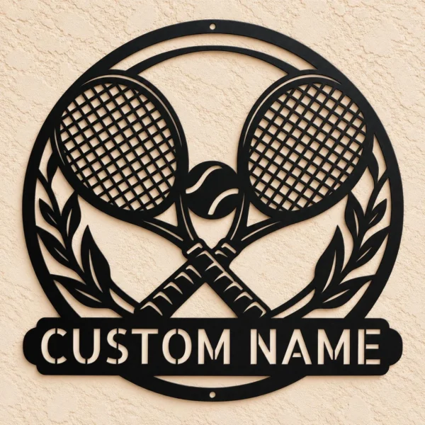 Personalized Tennis Racket Metal Sign Laser Cut Sports Art Decor Personalized tennis racket metal sign in 16 gauge steel for sports wall decor, custom tennis plaque for players, gym, club and gift art.