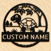 Personalized tortoise metal sign in 16 gauge steel for turtle wall decor, custom animal plaque for home, garden, and tortoise lover gift art.