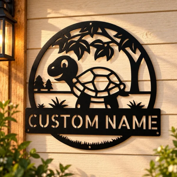 Personalized tortoise metal sign in 16 gauge steel for turtle wall decor, custom animal plaque for home, garden, and tortoise lover gift art.
