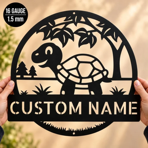 Personalized tortoise metal sign in 16 gauge steel for turtle wall decor, custom animal plaque for home, garden, and tortoise lover gift art.