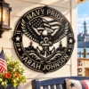Personalized US Navy metal sign in 16 gauge steel for military wall decor, custom sailor plaque and patriotic home or office gift.