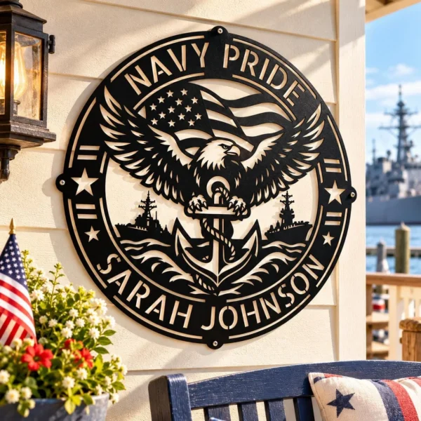 Personalized US Navy metal sign in 16 gauge steel for military wall decor, custom sailor plaque and patriotic home or office gift.