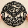 Personalized US Navy metal sign in 16 gauge steel for military wall decor, custom sailor plaque and patriotic home or office gift.