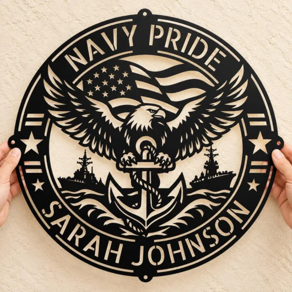 Personalized US Navy metal sign in 16 gauge steel for military wall decor, custom sailor plaque and patriotic home or office gift.
