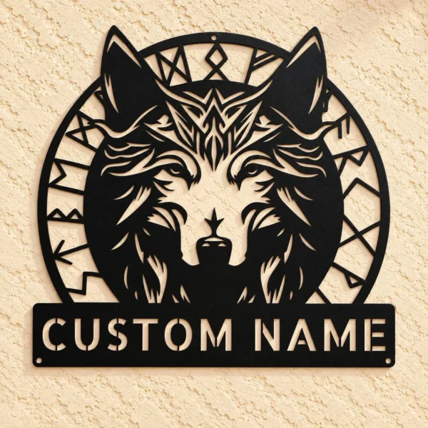 Personalized Viking Wolf Metal Sign Norse Wall Art Decor Signs Personalized Viking wolf metal sign in 16 gauge steel for Norse wall decor, personalized Viking art plaque for wolf lovers, cabins, and man caves.