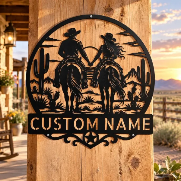 Personalized western couple metal sign in 16 gauge steel for ranch wall decor, custom farmhouse plaque and rustic wedding or anniversary gift.
