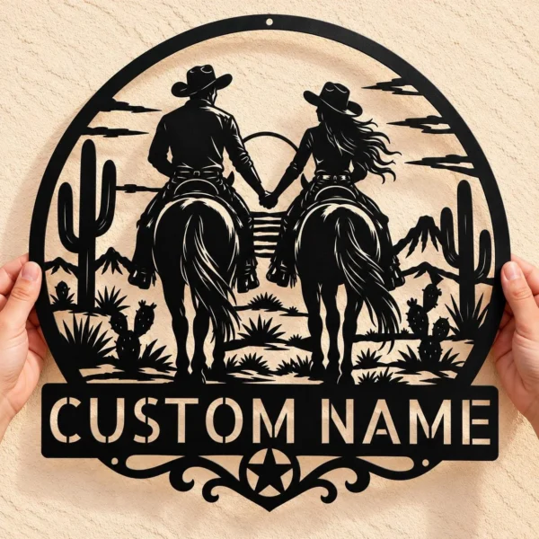 Personalized western couple metal sign in 16 gauge steel for ranch wall decor, custom farmhouse plaque and rustic wedding or anniversary gift.