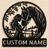 Personalized Woman Horse Metal Sign Custom Name Equestrian Decor Farmhouse Gift Personalized woman horse metal sign in 16 gauge steel with custom name for equestrian wall decor, barn, stable, farmhouse, and horse lover gift art.