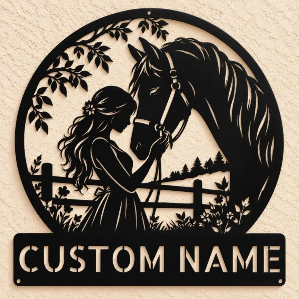 Personalized Woman Horse Metal Sign Custom Name Equestrian Decor Farmhouse Gift Personalized woman horse metal sign in 16 gauge steel with custom name for equestrian wall decor, barn, stable, farmhouse, and horse lover gift art.