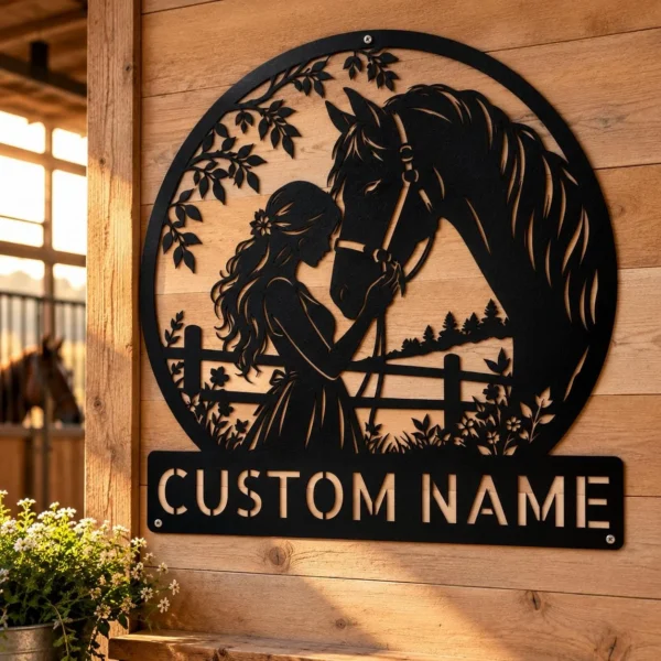 Personalized Woman Horse Metal Sign Custom Name Equestrian Decor Farmhouse Gift Personalized woman horse metal sign in 16 gauge steel with custom name for equestrian wall decor, barn, stable, farmhouse, and horse lover gift art.