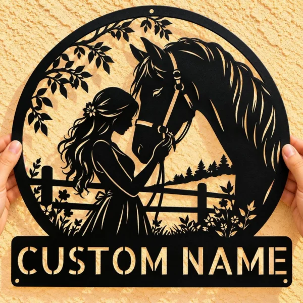 Personalized Woman Horse Metal Sign Custom Name Equestrian Decor Farmhouse Gift Personalized woman horse metal sign in 16 gauge steel with custom name for equestrian wall decor, barn, stable, farmhouse, and horse lover gift art.